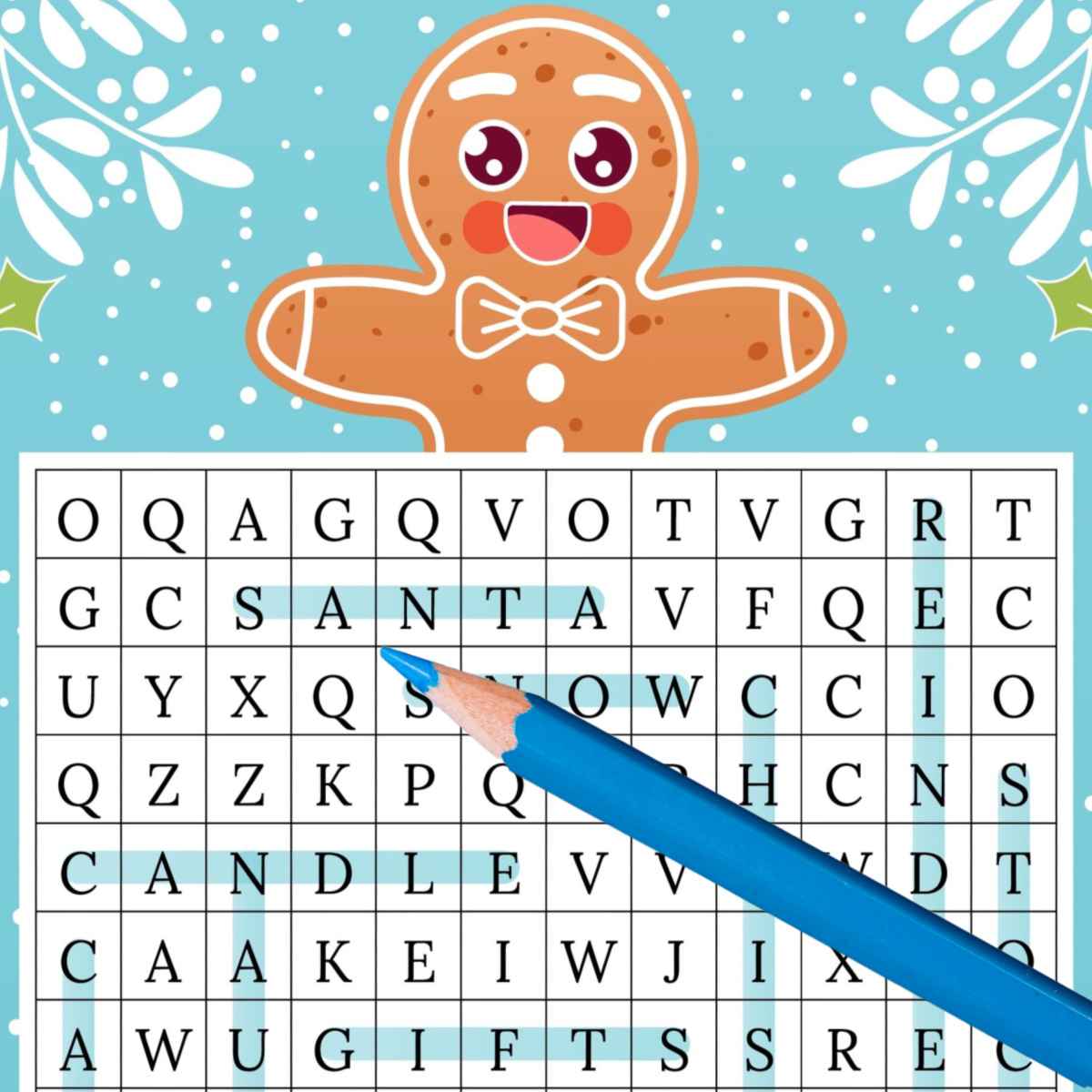 A December word search puzzle with a blue pencil underlining words and gingerbread man above it.