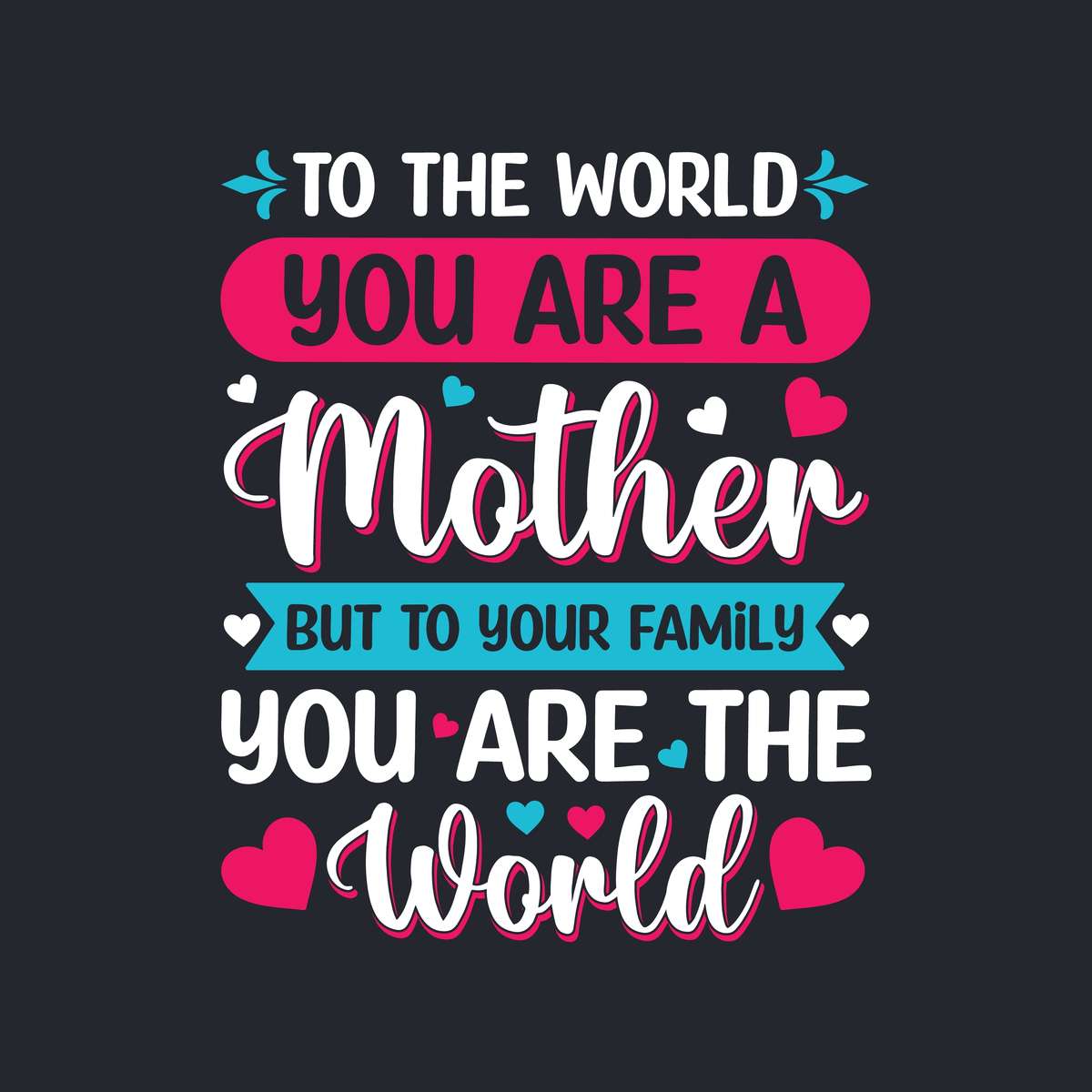 Block lettering mother quote An inspirational quotes for moms in block lettering which reads "to the world you are a mother but to your family you are the world".
