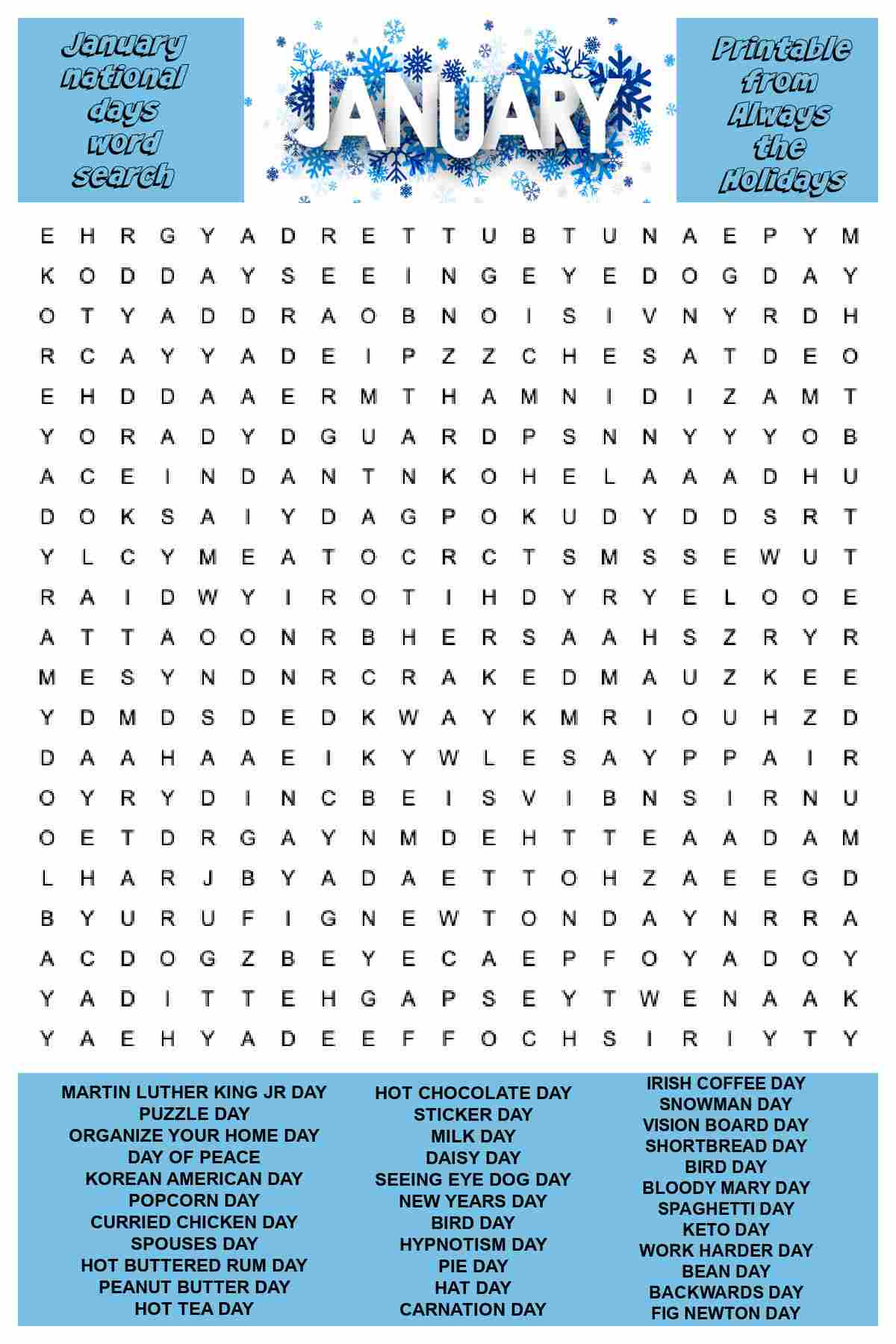 A January word search printable with the word "January" at the top over blue snowflakes, a free word find puzzle in the center, and a word bank of words to be found in the word search puzzle at the bottom in a light blue box.
