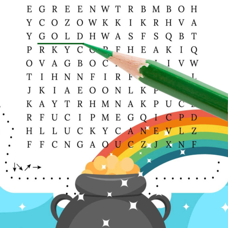 Word search puzzle with a pot of gold rainbow and green pencil underlining the word gold.