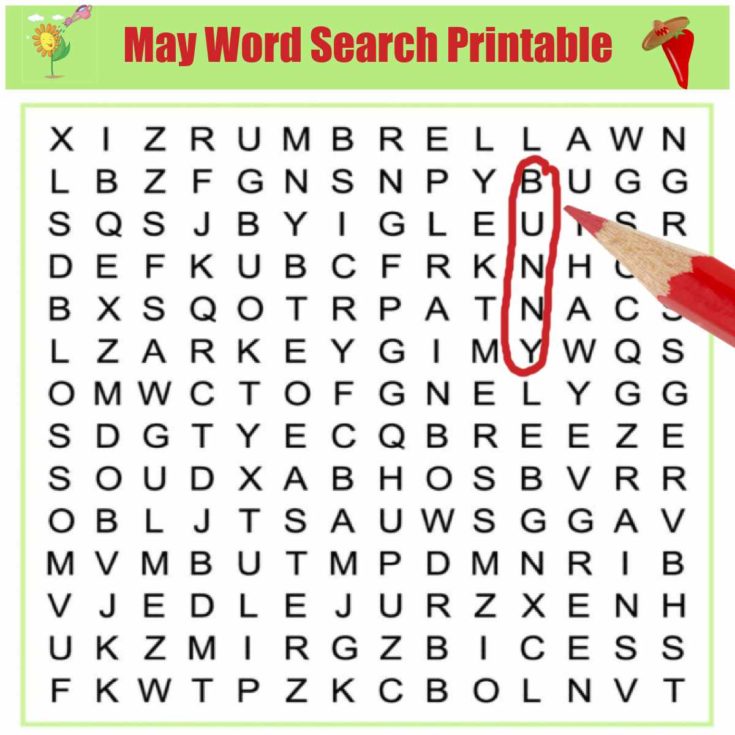Puzzle with red pencil and words May word search printable.