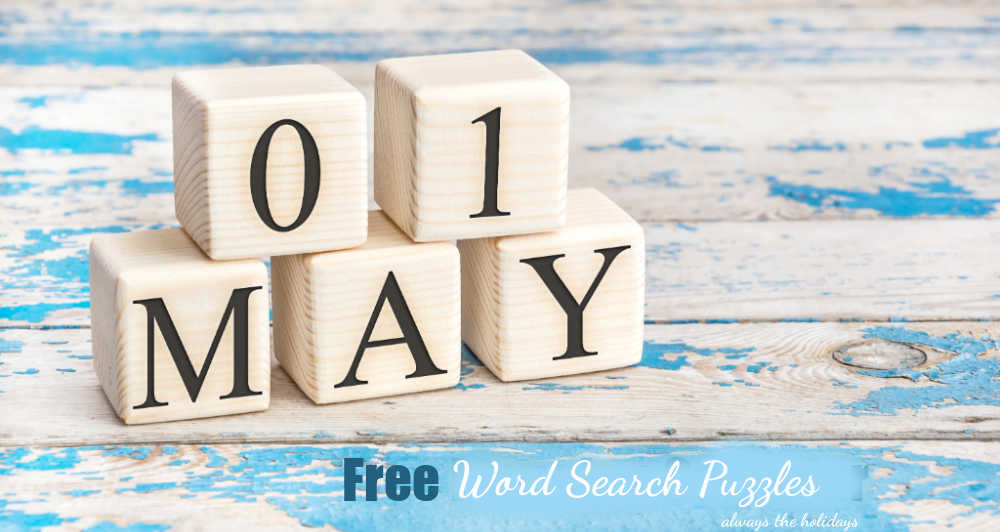 Block calendar that reads May 01 on blue distressed wood and the words free word search puzzles under it.