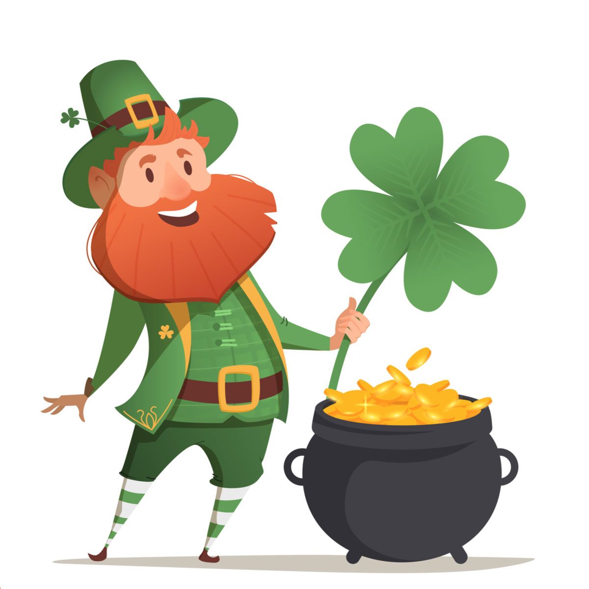 Leprechaun, pot of gold and four leaf clover A leprechaun dressed in green with a red beard holding a four leaf clover next to his pot of gold.