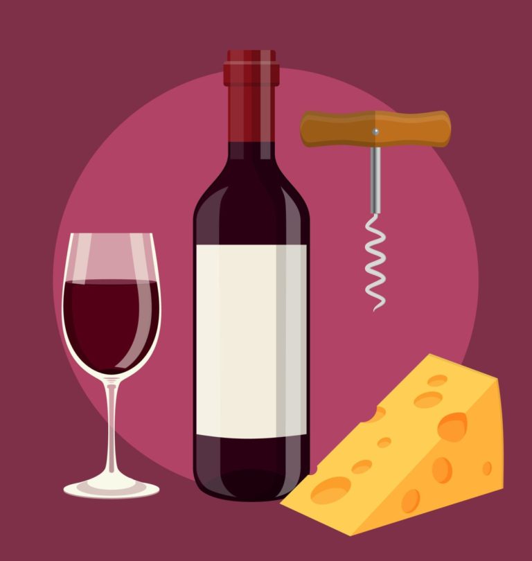 A cartoon image of a wine glass, wine bottle, wedge of cheese and corkscrew against a burgundy background for National Wine Day.