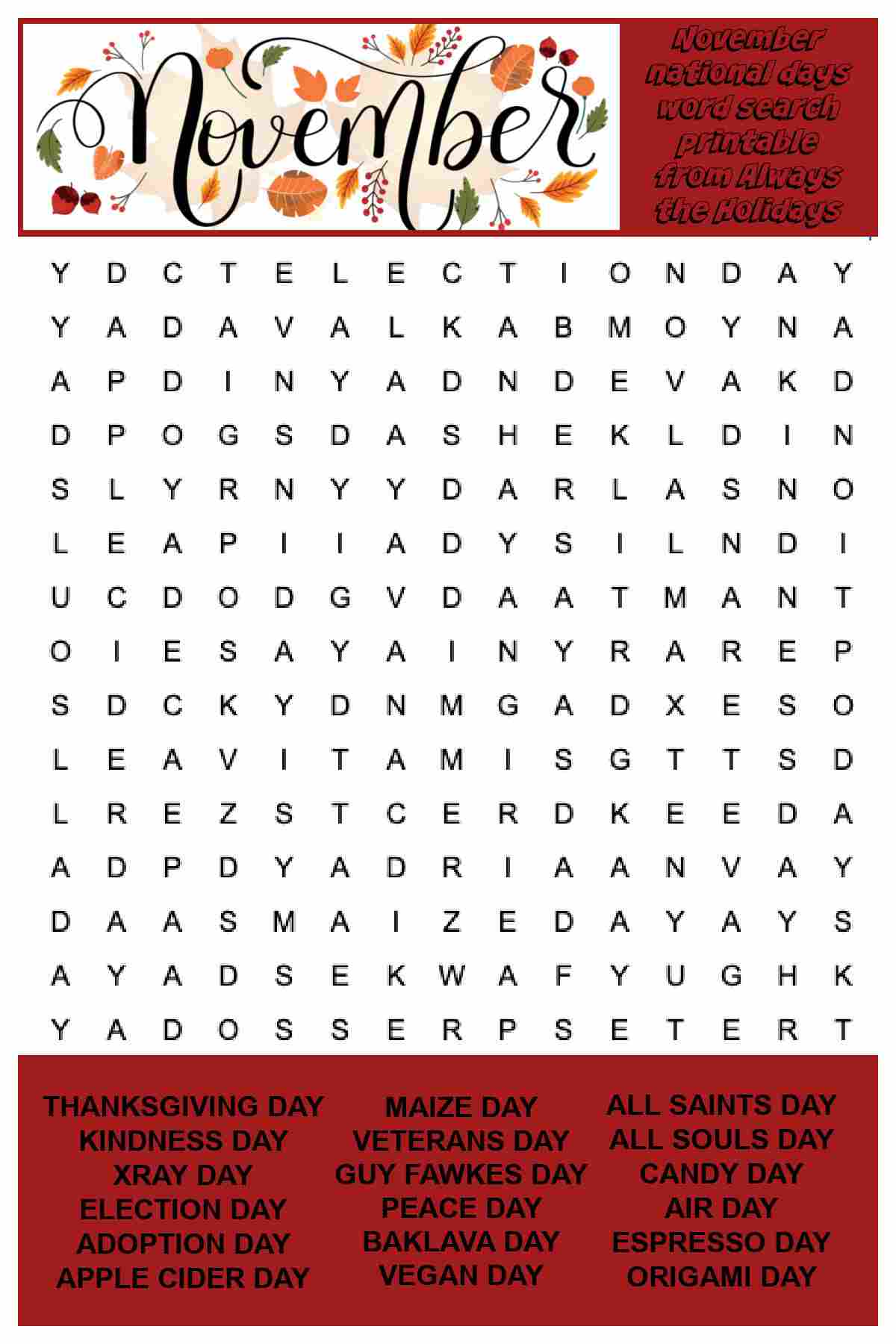 November word search printable with the word "November" at the top surrounded by leaves and berries, with a free search and find puzzle in the center, and a word bank at the bottom in a maroon box.
