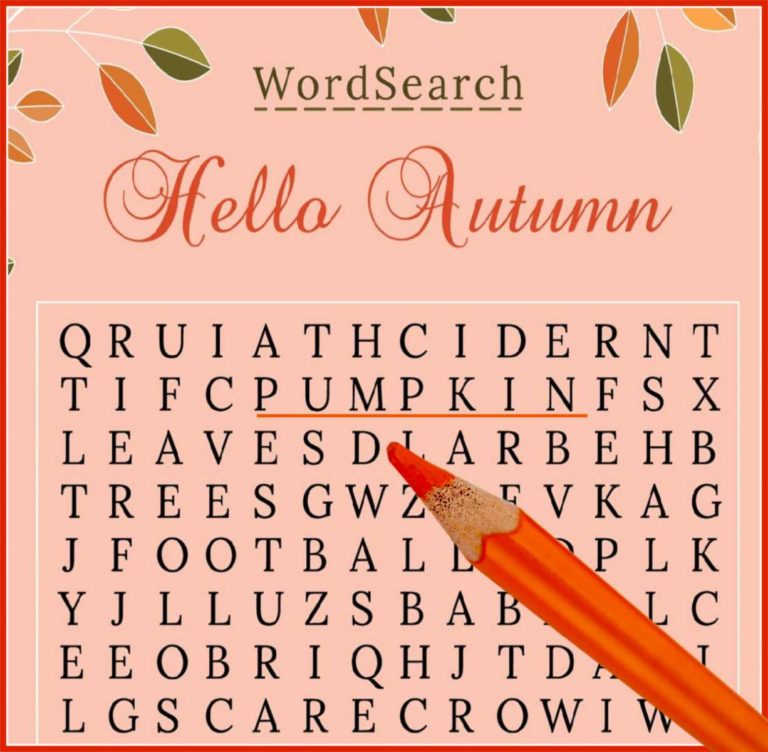 Word search puzzle and orange pencil with words Hello Autumn.