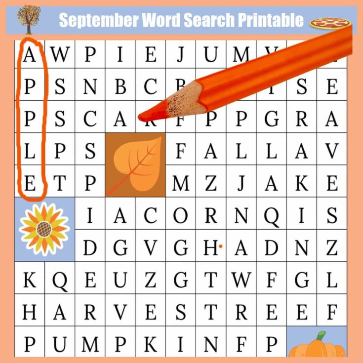 Word search puzzle with orange pencil and fall leaves.
