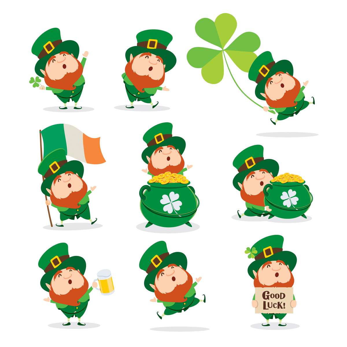 Nine leprechauns Nine different leprechauns doing various things on National Leprechaun Day like holding shamrocks, waving an Irish flag, drinking beer, jumping for joy, etc.