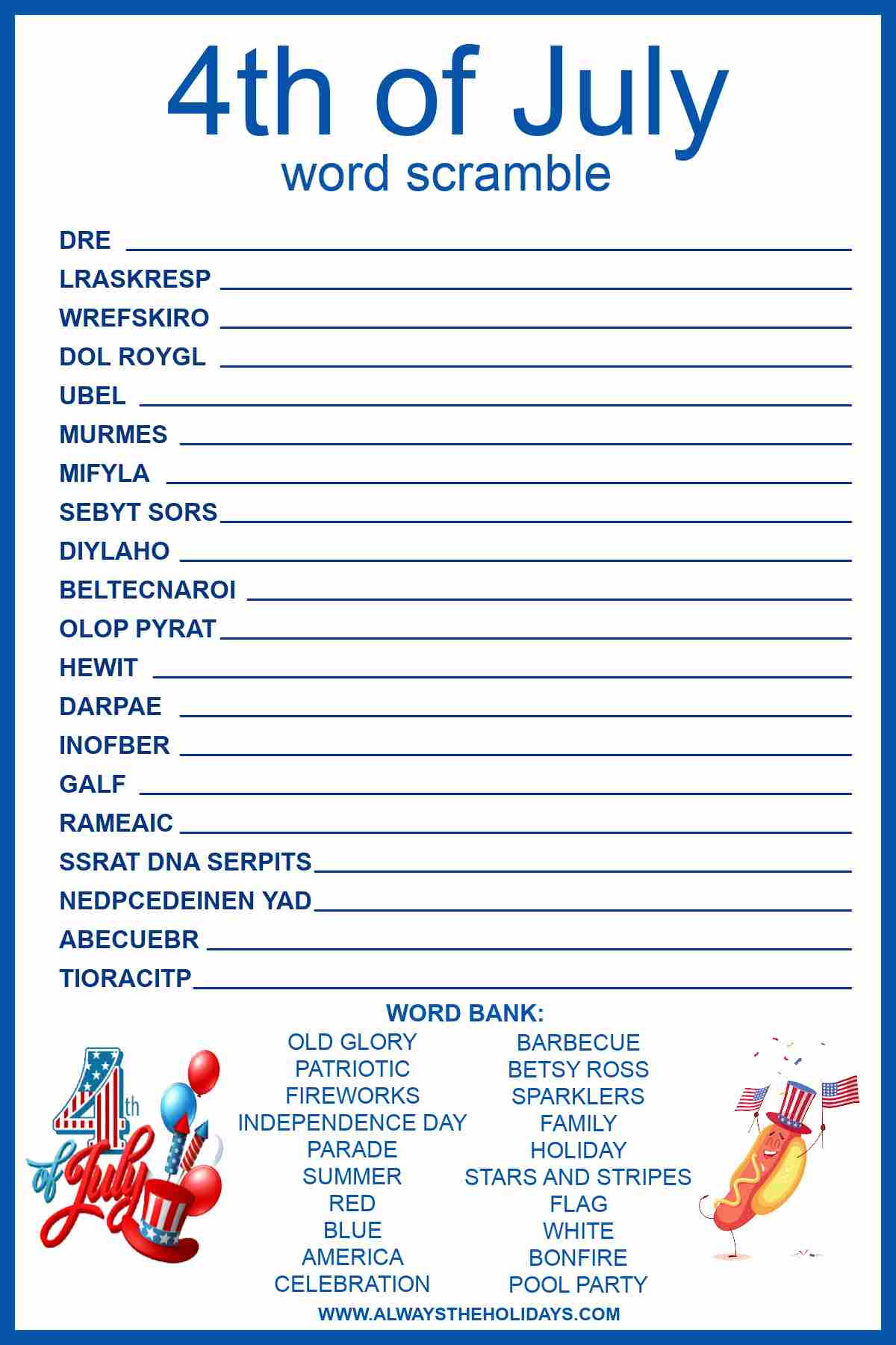 A 4th of July printable word scramble puzzle with a word bank of patriotic terms at the bottom.