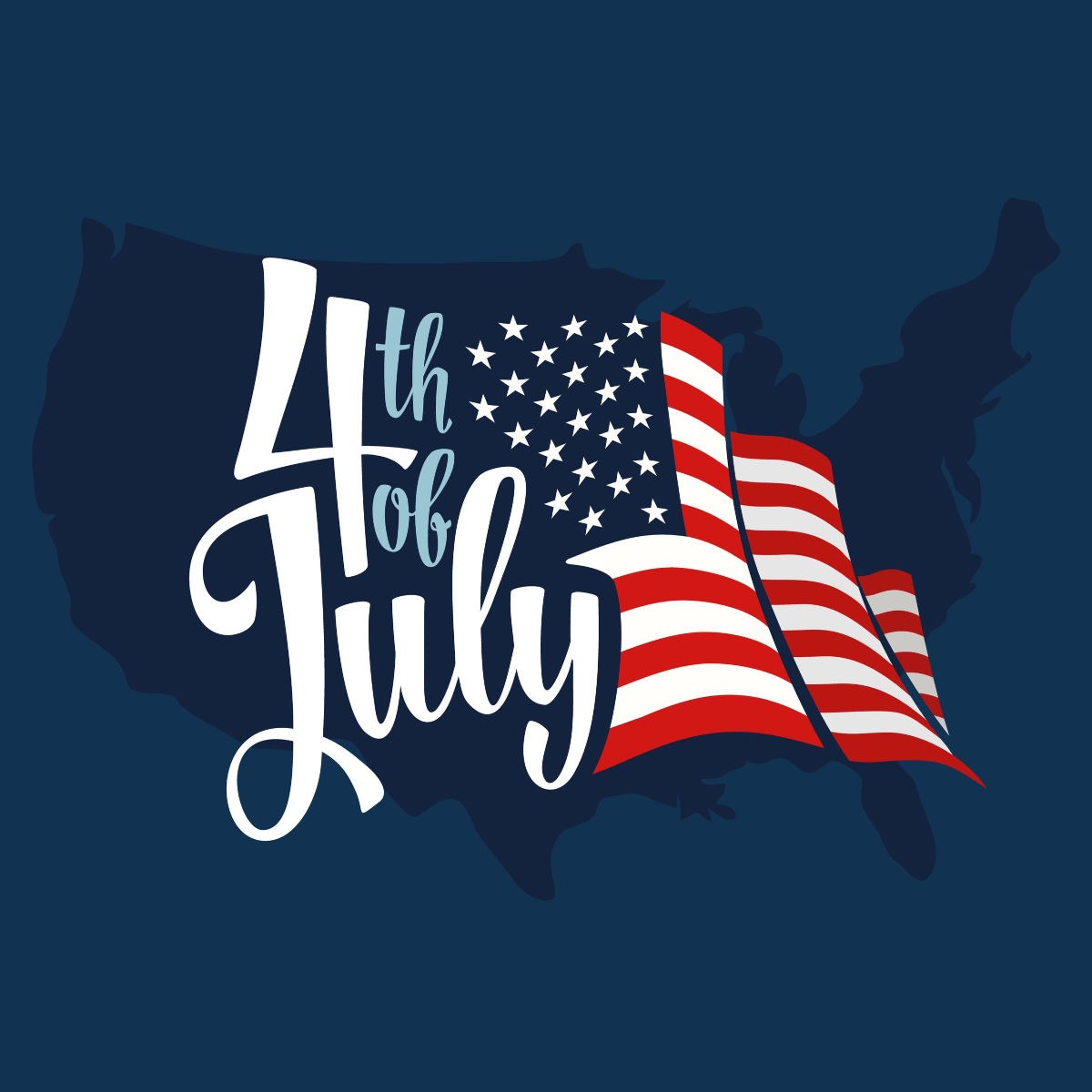 The USA as a blue silhouette with the words "4th of July" over it next to an American flag to celebrate Independence day.