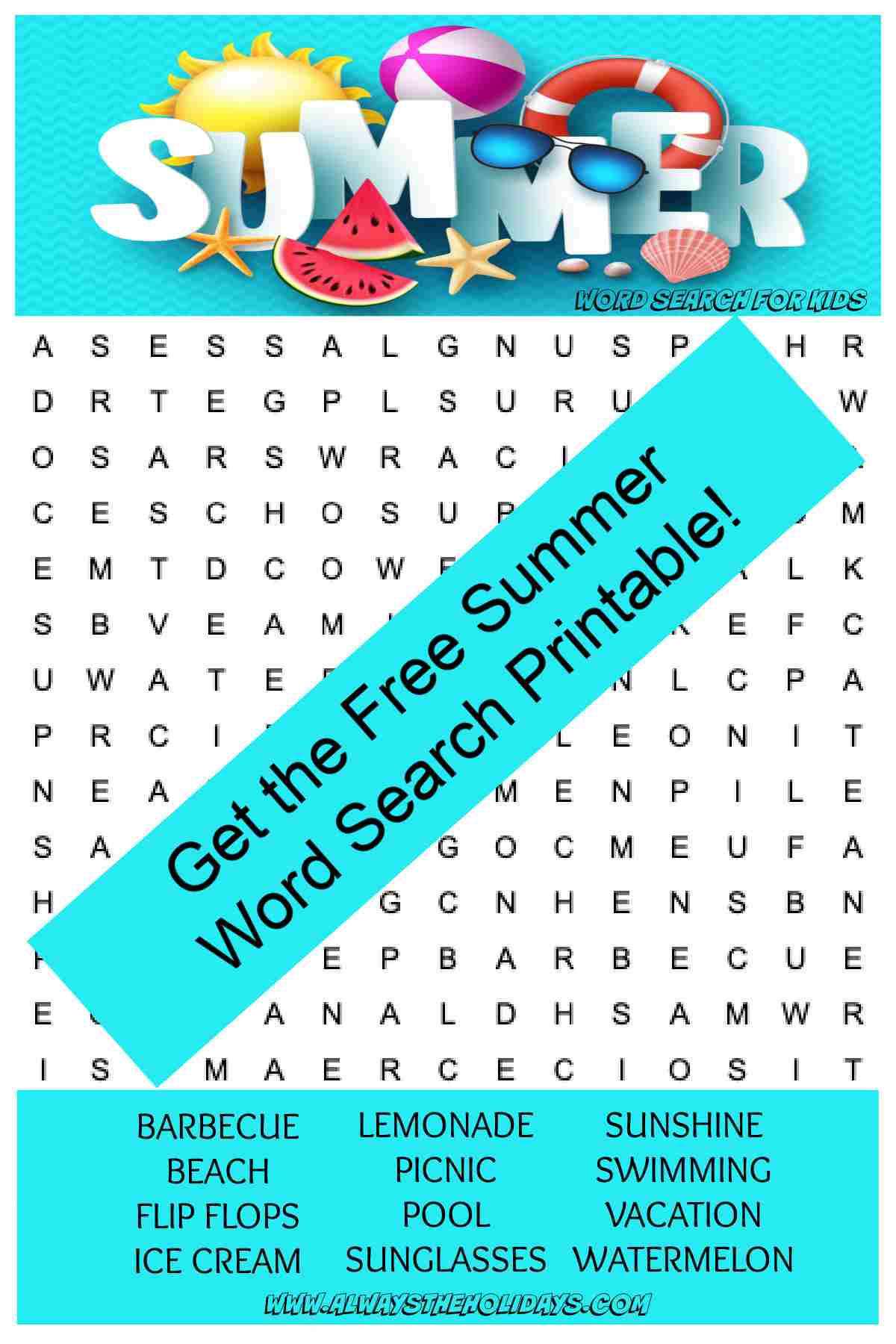 Get the Summer Word Search Printable! A printable word search for summer with a neon blue banner over it reading "Get the free summer word search printable" on it.