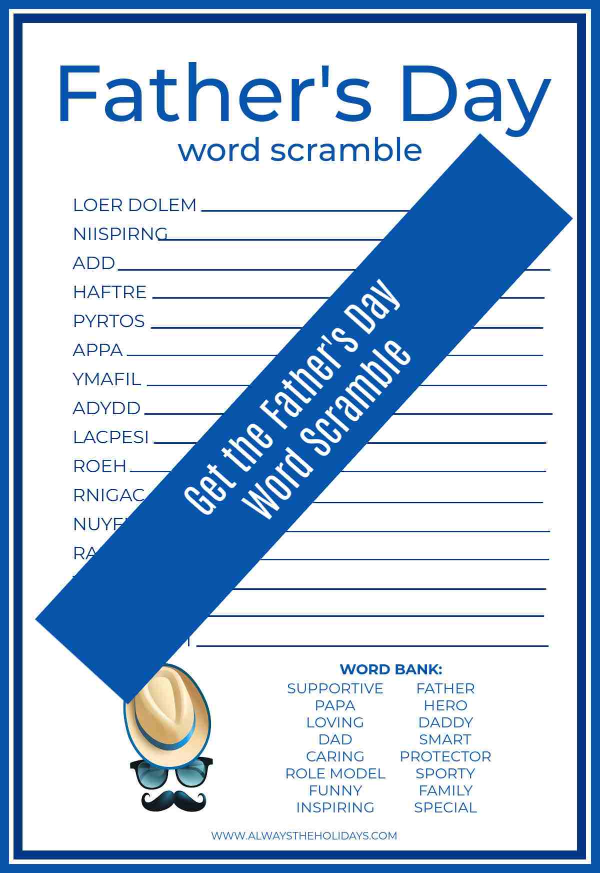 Get the Father's Day Word Scramble A free word scramble puzzle printable for Father's Day with a word bank at the bottom and a blue banner reading get the Father's Day word scramble over it.