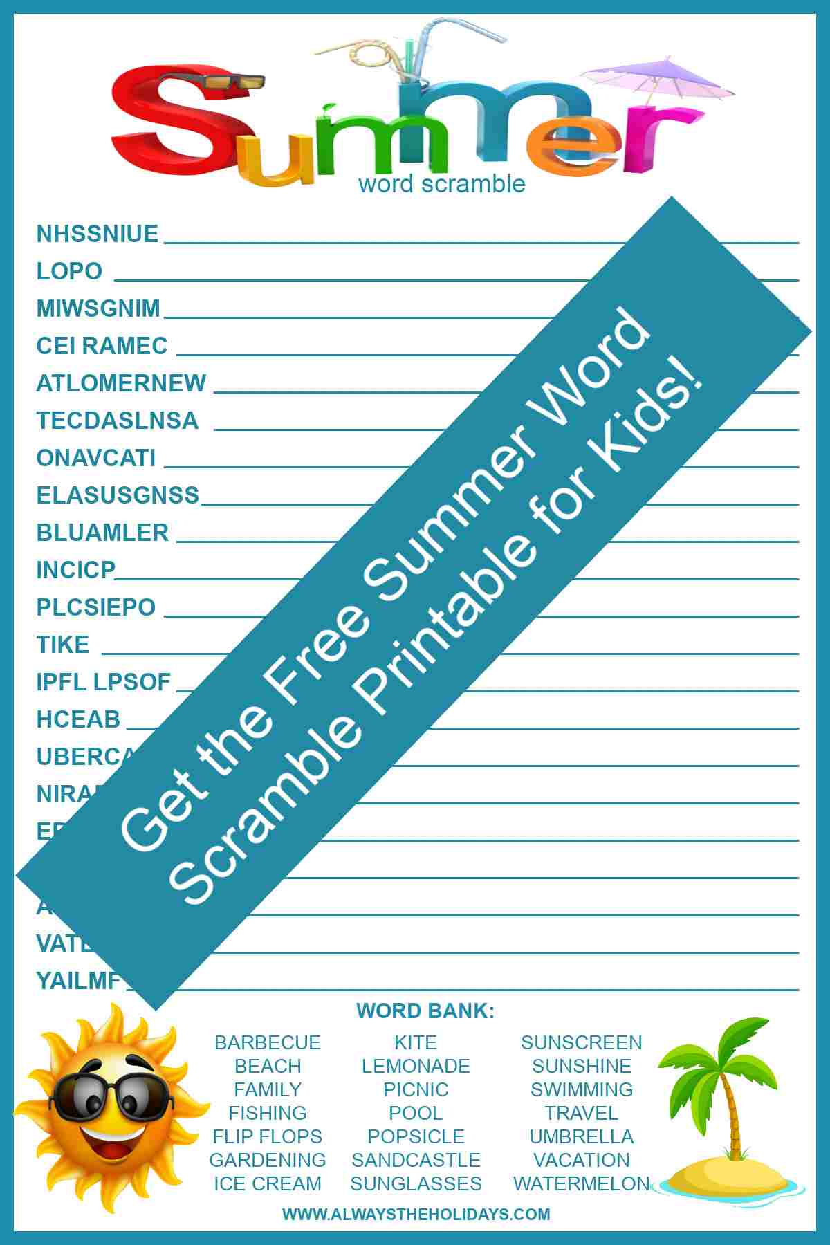 Get the New Summer Word Scramble for Kids A free summer word scramble with answers with a bar across it that reads get the free summer word scramble printable for kids.