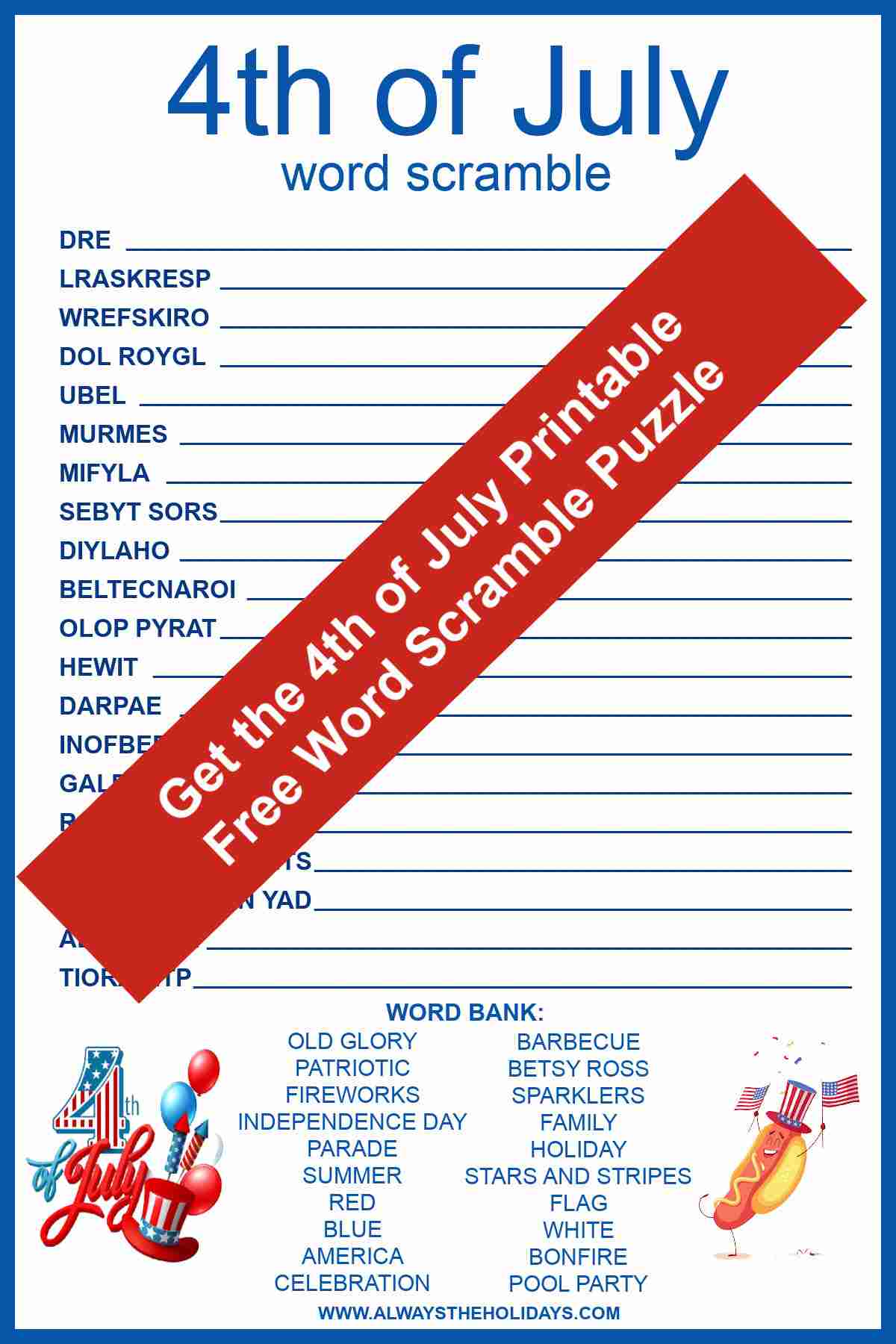 A word scramble puzzle for the 4th of July with a red banner over it reading "Get the 4th of July Printable free word scramble puzzle".