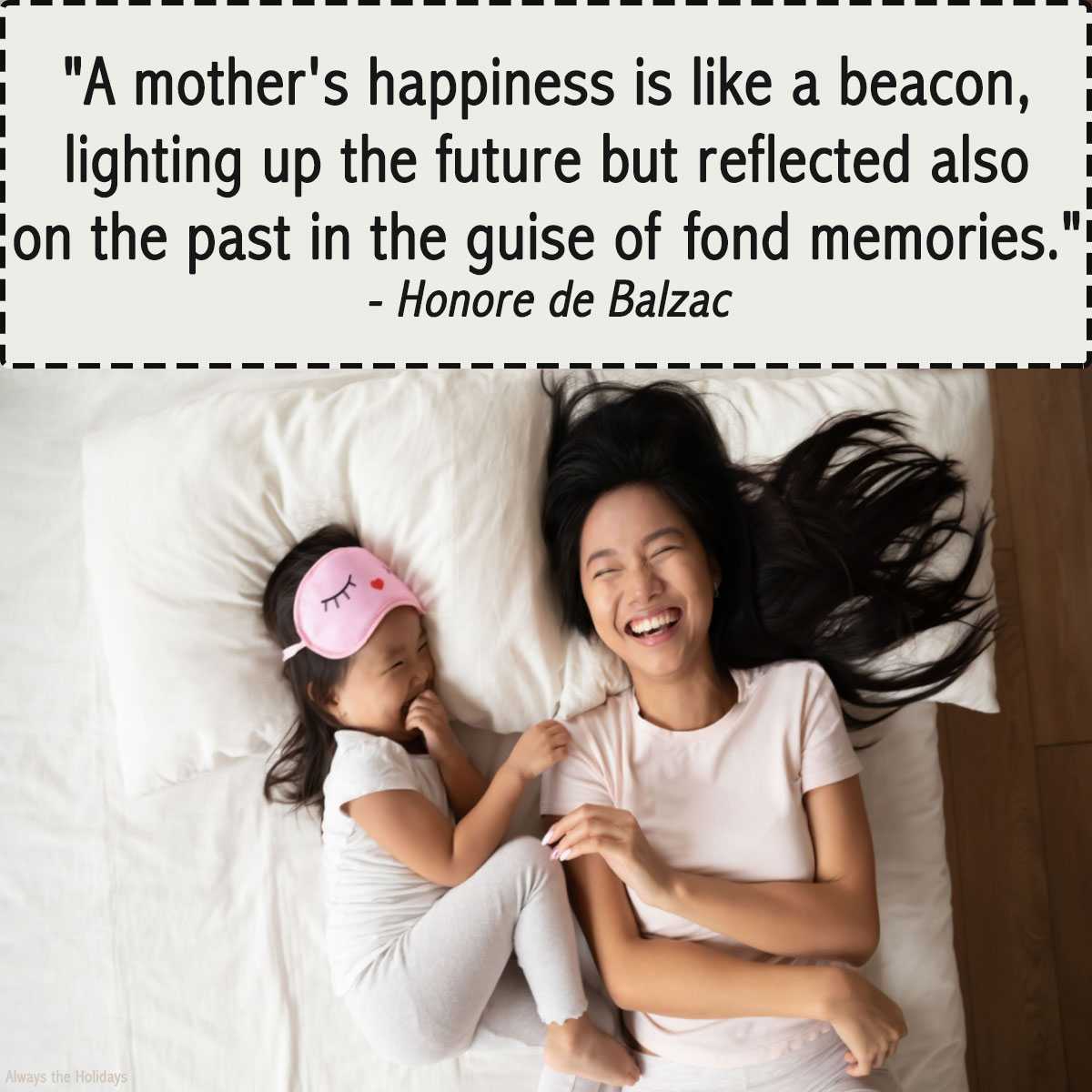 Mom and daughter laughing with quote overlay An inspiring mom quote text overlay on top of the image of a mother laying on a bed with her daughter, laughing.