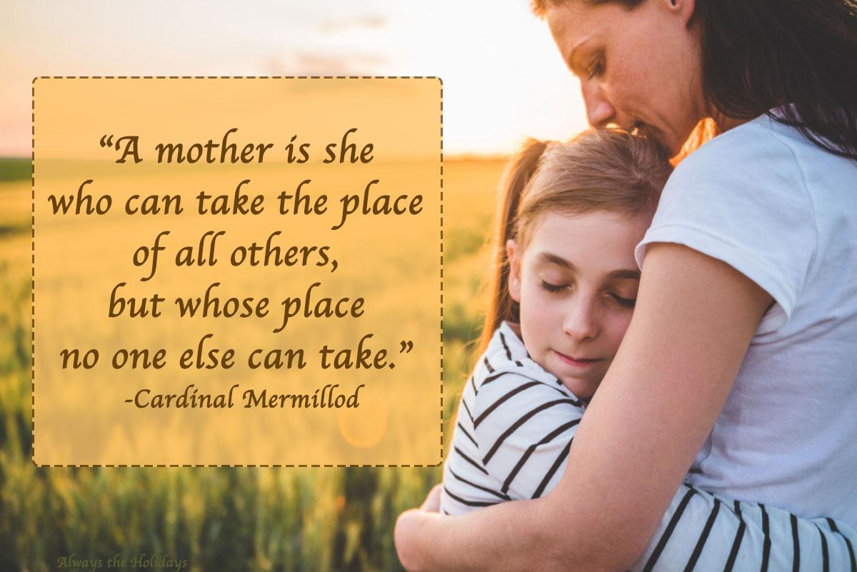 Mom hugging daughter with quote An inspiring quote for mom over the image of a mother hugging her child in a field at sunset.