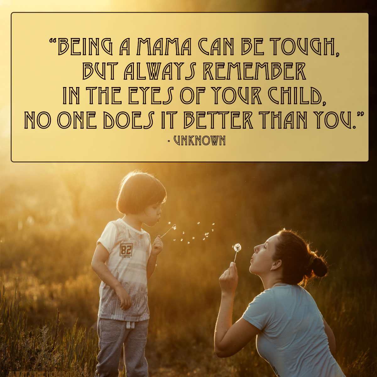 Quote over image of mom and son blowing dandelions A messages for mom text overlay on top of an image of a mom and son blowing on dandelions in a field at sunset.