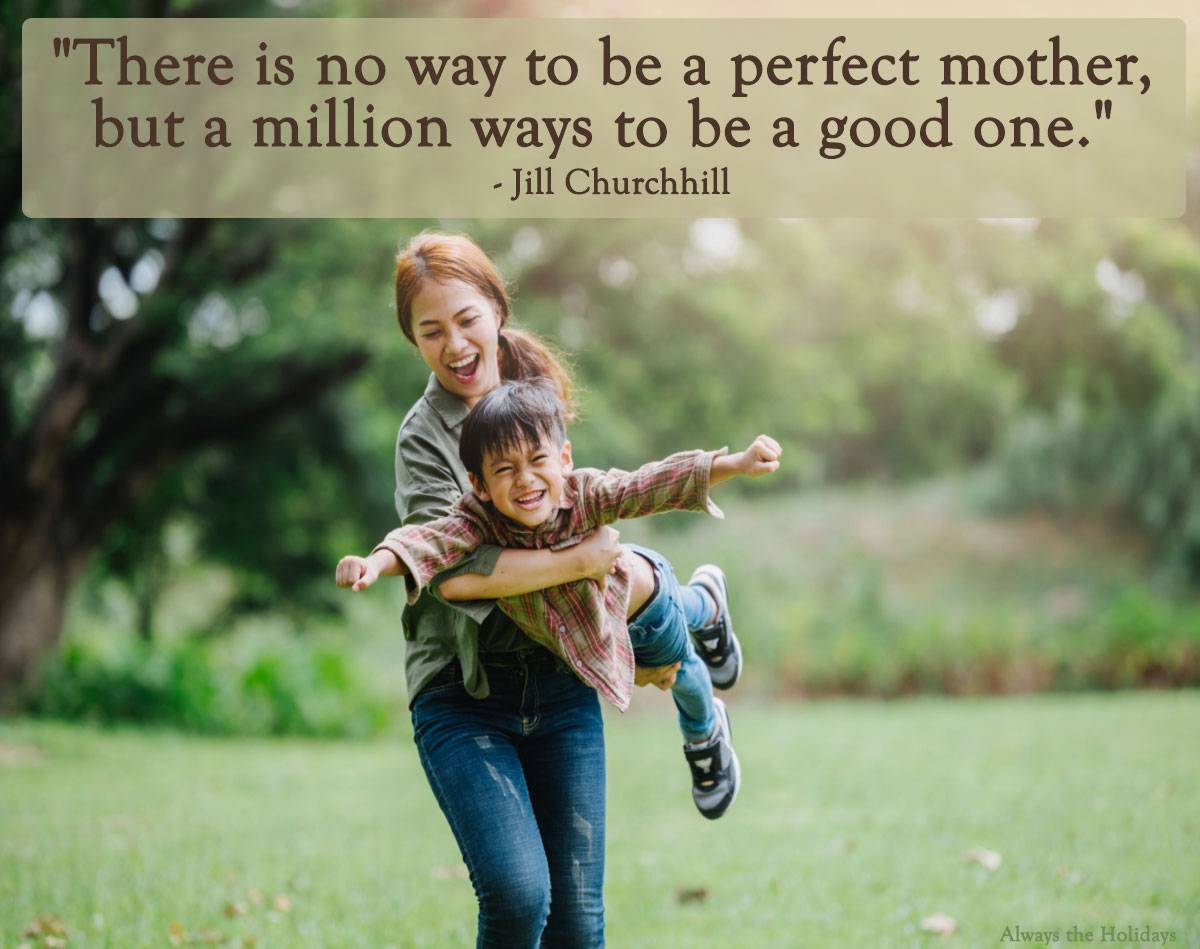 Mom playing with son with quote overlay A messages for moms text overlay on top of an image of a mom playing with her son and holding him like an airplane in a park.