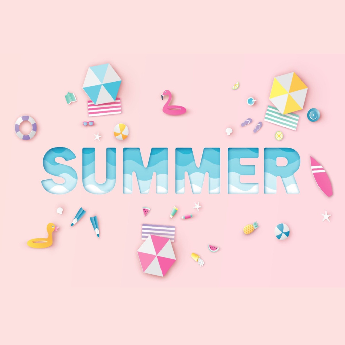 Summer word on pink background A summer background that's pink with the word summer in the middle surrounded by beach umbrellas.