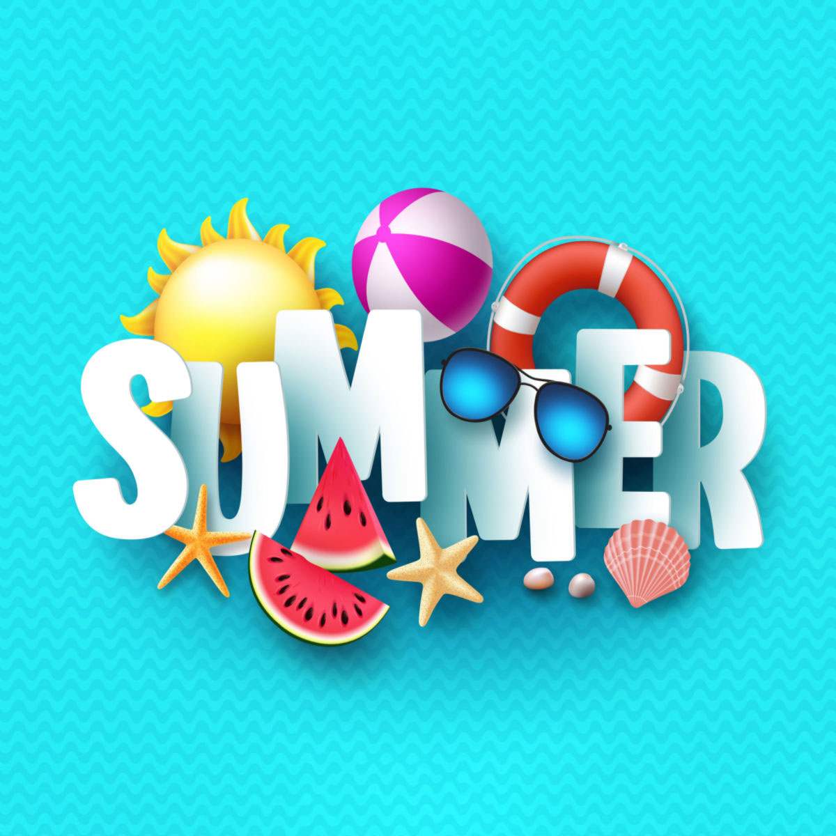 Summer graphic A bright teal background with the word summer in white letters surrounded by summer items like sunglasses, watermelon, starfish, a beach ball, the sun and seashells.