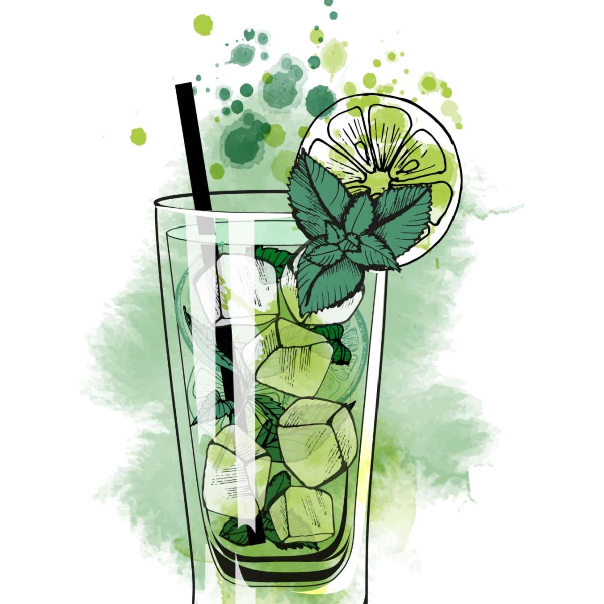 Mojito drink drawing An illustrated mojito cocktail image on a white background with green tie dye bokeh around it.