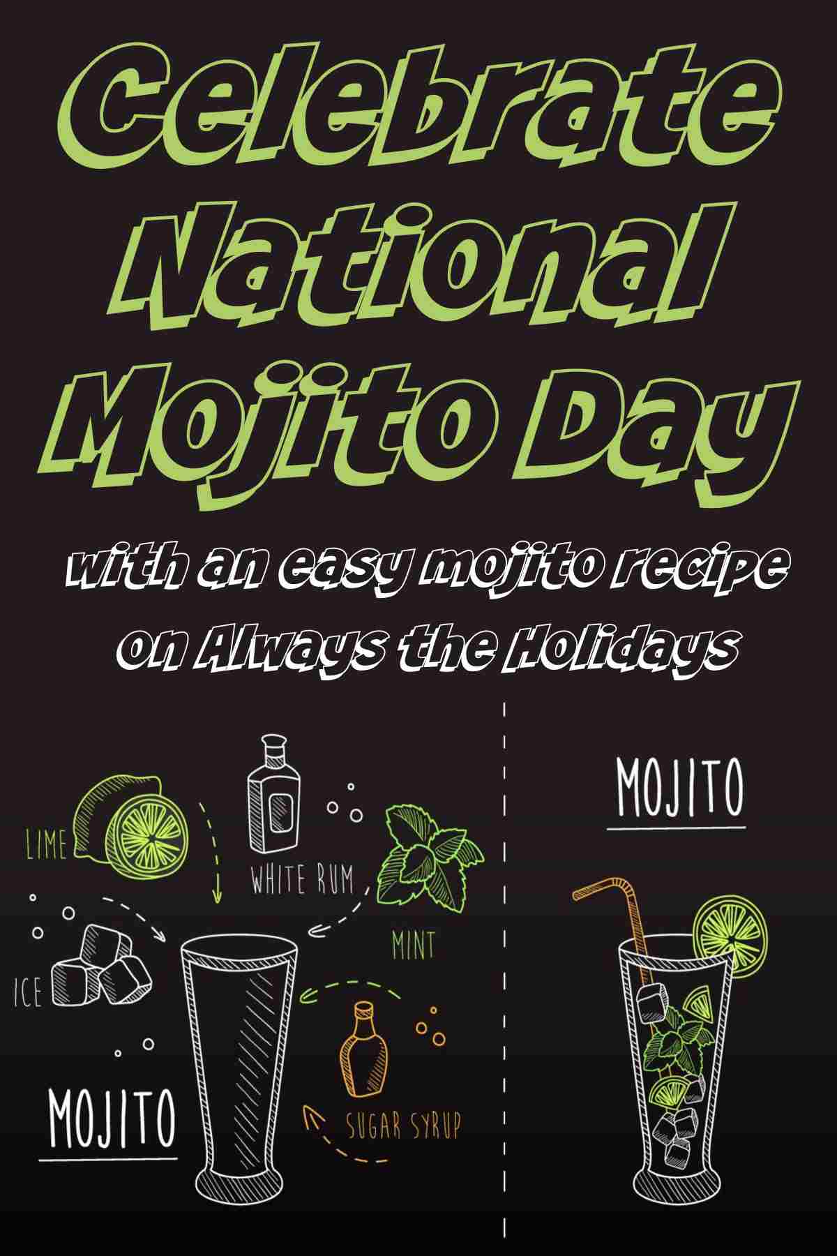 Find Out About National Mojito Day A chalk drawing of a deconstructed mojito and a completed mojito cocktail, with a text overlay above it that reads "celebrate National Mojito Day with an easy mojito recipe on Always the Holidays".