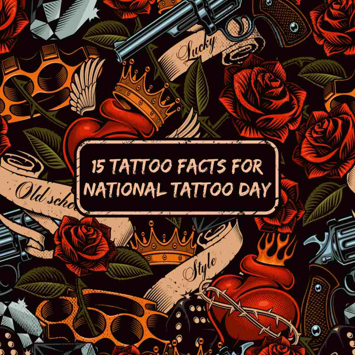 Tattoo design with text overlay A bunch of tattoo designs all overlapping each other in autumnal tones with a text overlay above it them that read "15 tattoo facts for National Tattoo Day".