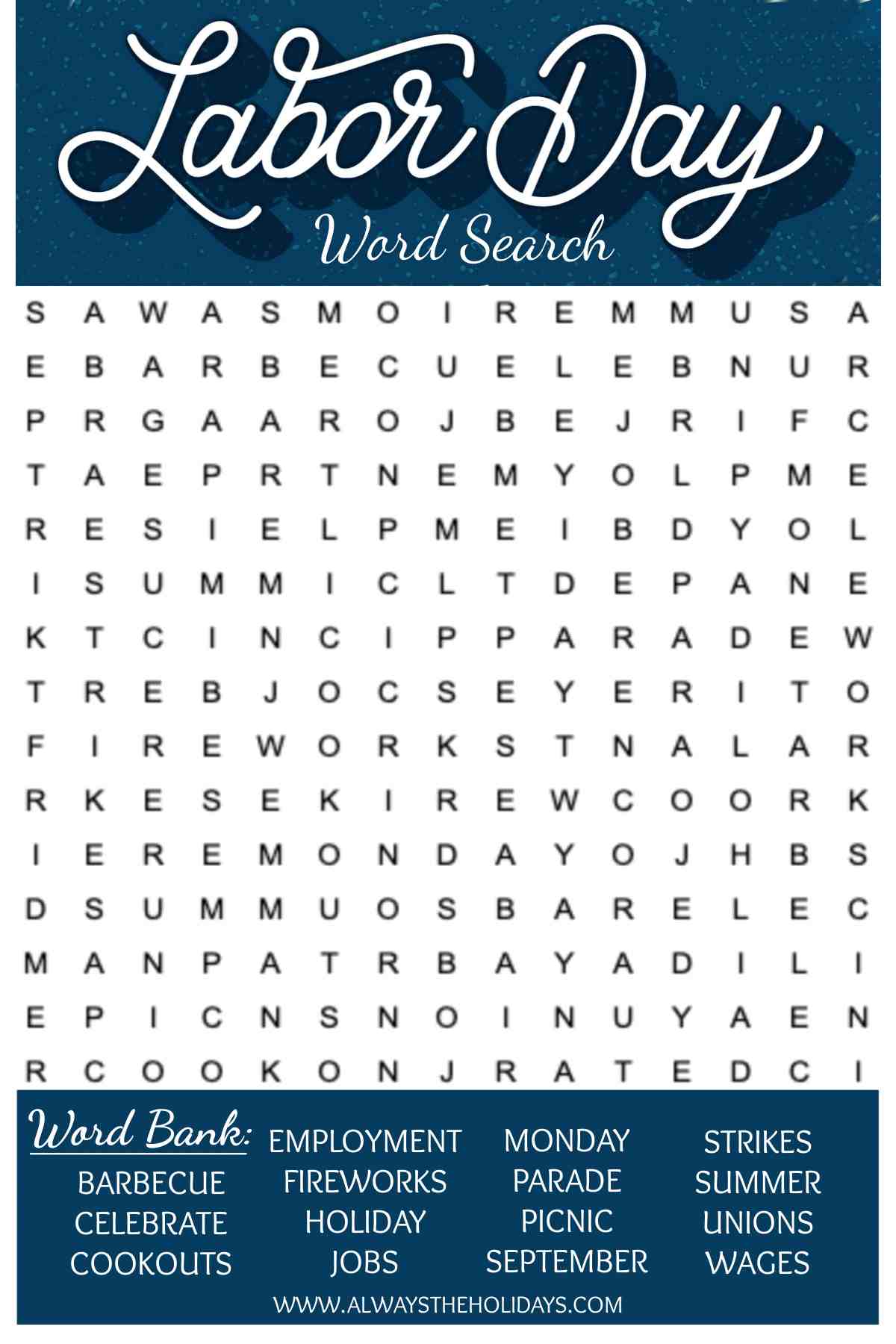 A free printable word search for Labor Day with the words "Labor Day word search" at the top, and a word bank in a blue box at the bottom of the image.