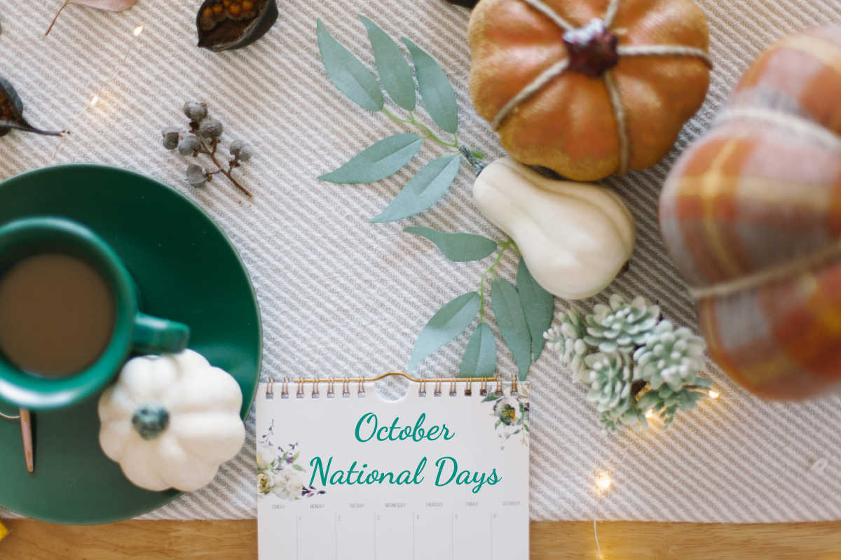 October National Days. Pumpkins and coffee with words October National Days.
