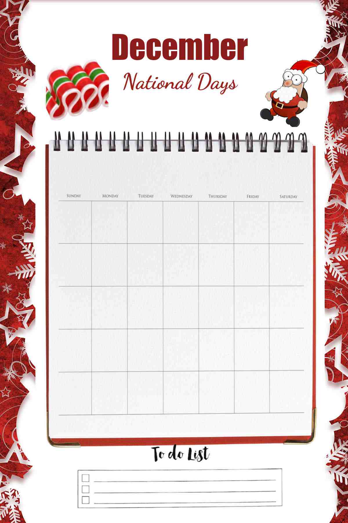 Monthly planner with words December national days to do list.