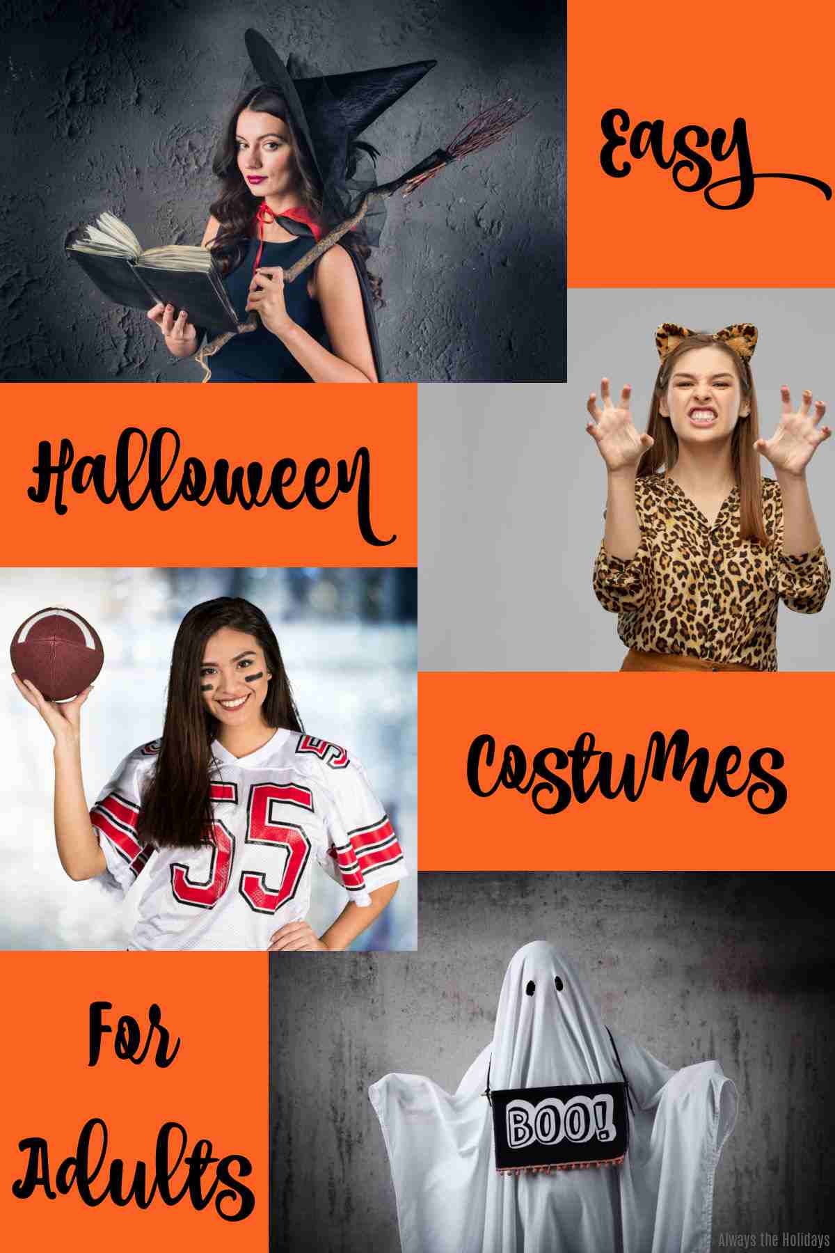 Easy Halloween Costumes for Adults The words "easy Halloween costumes for adults" surrounding four different photos of DIY Halloween costumes including an easy witch costume, a homemade cat costume, a diy football player costume and a DIY ghost costume.