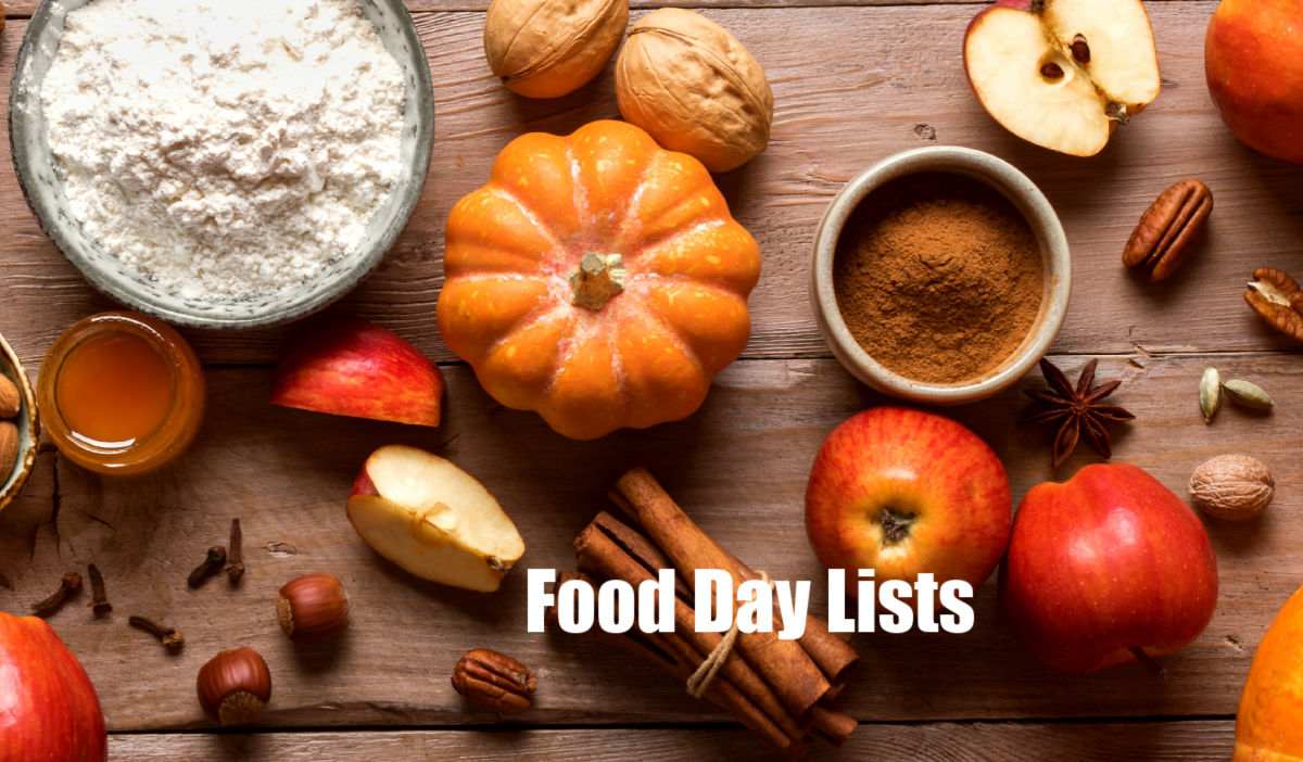Get the other food day lists. Flour, apples, nuts, cinnamon, spices and pumpkins with words food day lists.