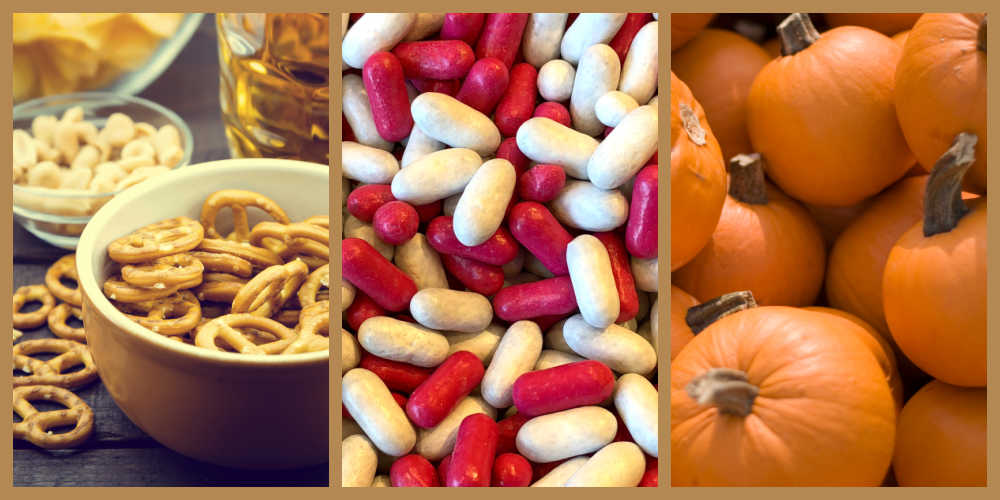food days in October Pretzels, Good and Plenty candy and pumpkins - Food days in October.