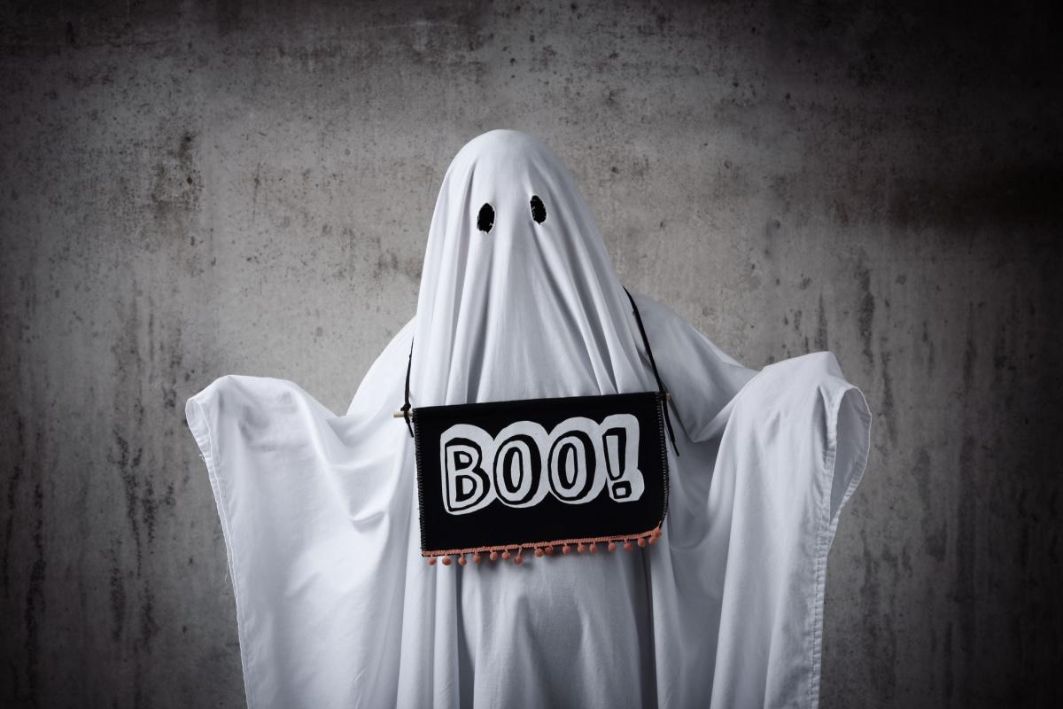 Ghost costume A person wearing a homemade ghost costume, which consists of a sheet with eye holes cut out and a sign hanging around its neck that says "boo!".