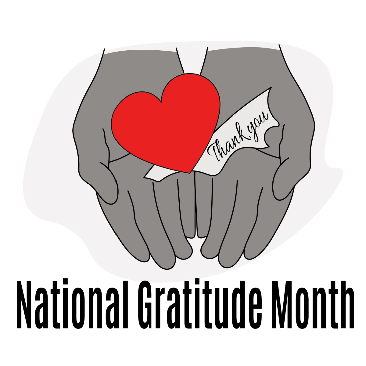 National Gratitude Month text under hands with heart A black and white photo of hands holding a red heart and a piece of paper that reads "thank you" over a black text overlay for National Gratitude Month in November.
