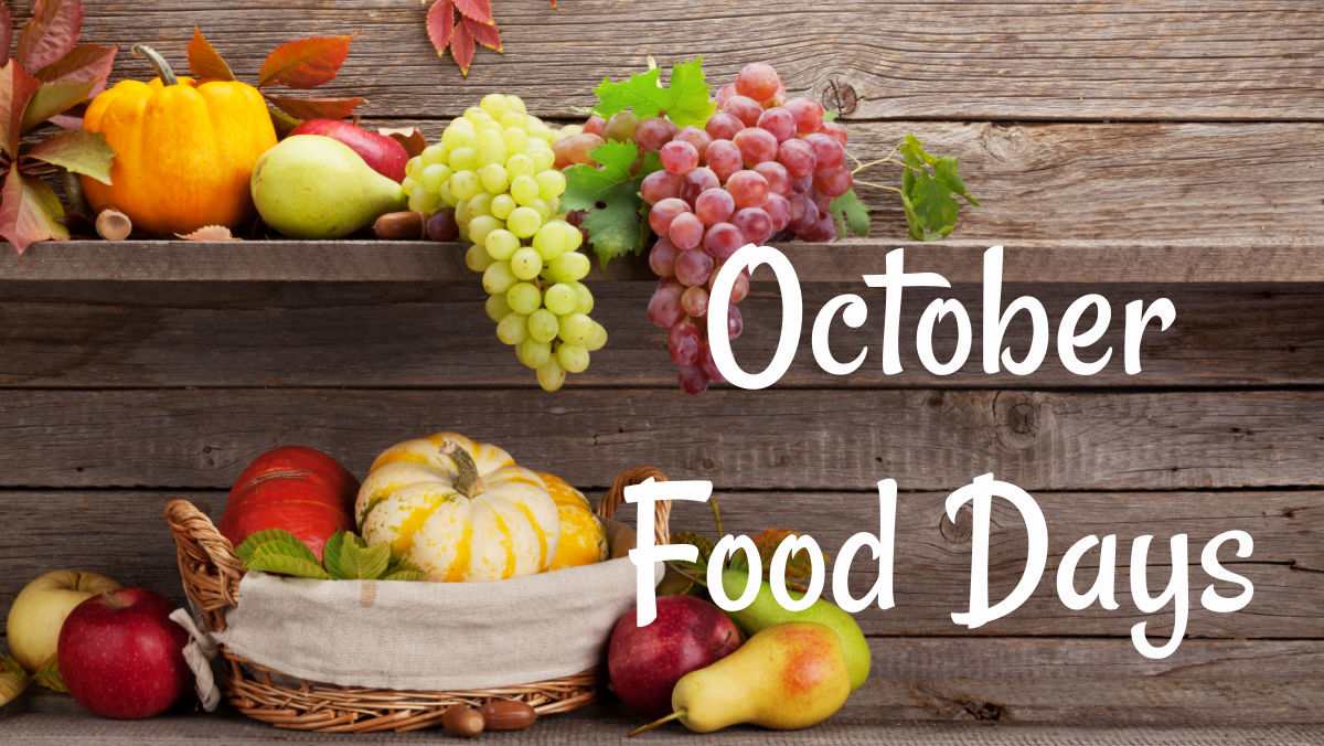 October Food Days Grapes, apples, pumpkins and words October Food Days.