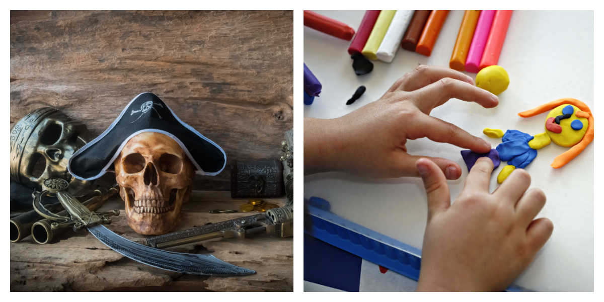 Pirates and playdoh A collage of two images representing two national September days - the image on the right is of a pirate skull with a hat on and a sword beside it for Talk Like A Pirate Day, and the image on the right is on a child's hands sculpting play-doh for National Play-Doh Day.