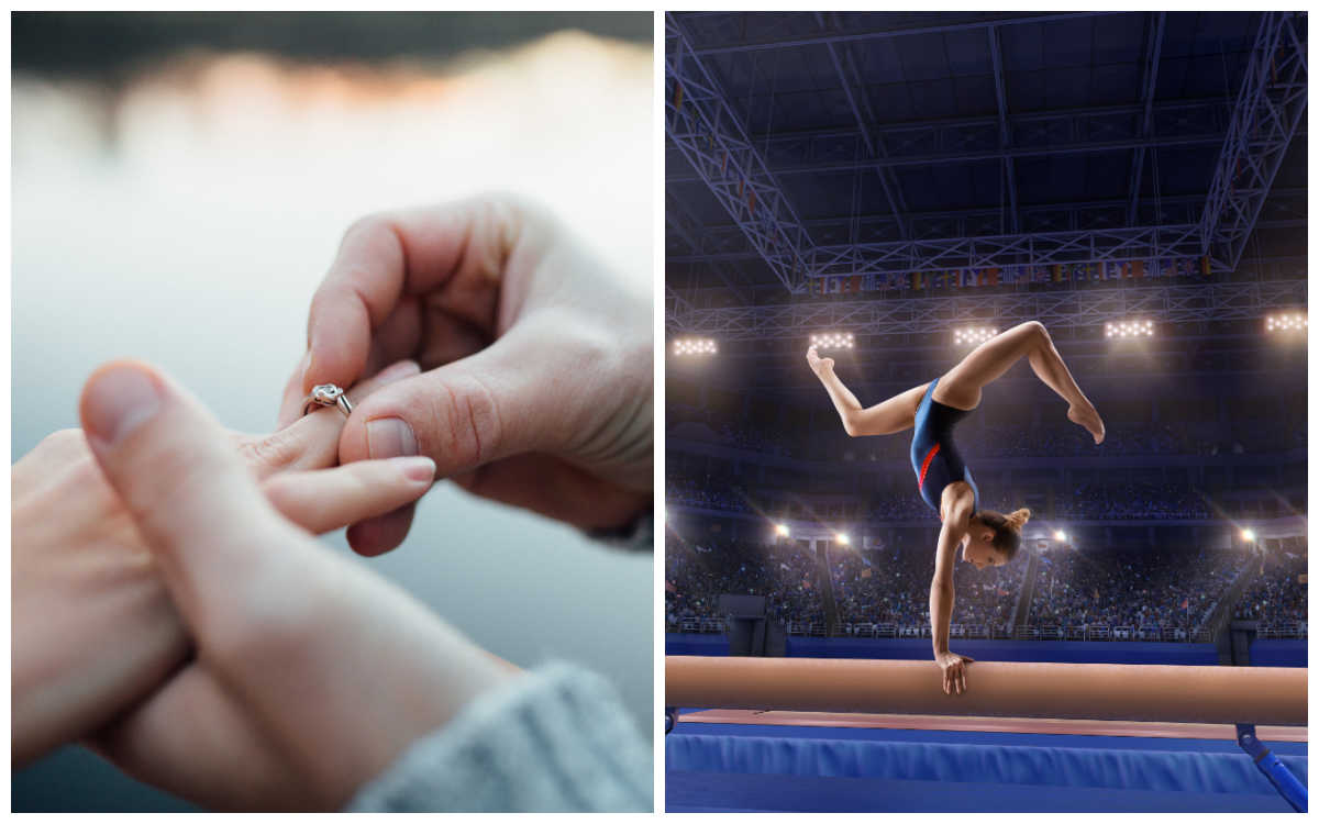 September national days Two images in a collage representing special days September has, on the left is a proposal photo for Proposal Day and on the right is a gymnast on a balance beam for National Gymnastics Day.