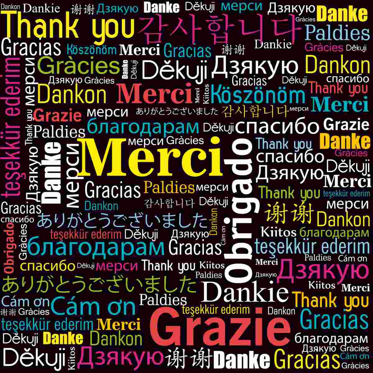 Thank you in different languages A black background with the words "thank you" written in many different languages to celebrate World Gratitude Day, the words are going in different directions, and are of different color text.