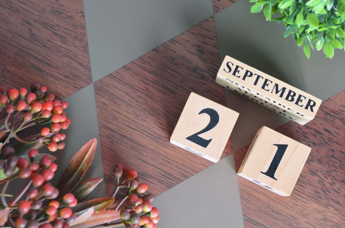 September 21 blocks Blocks that read "September 21" to celebrate the September 21 national days on a countertop with a wooden diamond design, decorated with fake foliage.