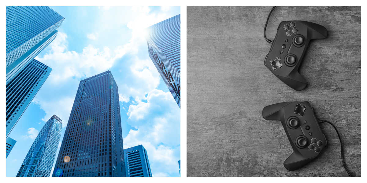 September national days An collage of two images representing September national Days - the image on the left is of a view of skyscrapers for National Skyscraper day and the image on the right is of two corded video game controllers for National Video Games Day.