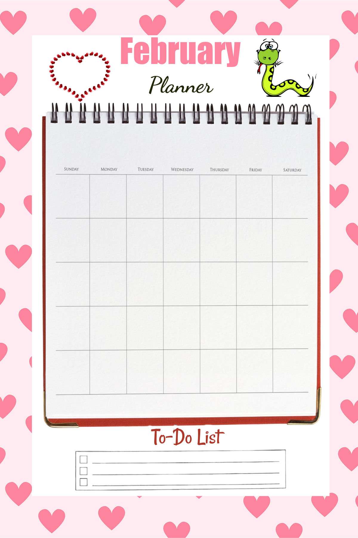 Heart background with a planner calendar for February.