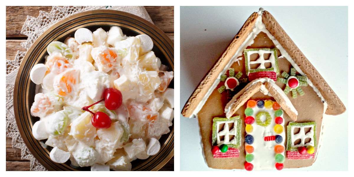 Two food days in December! Ambrosia salad and decorated gingerbread house in a collage.