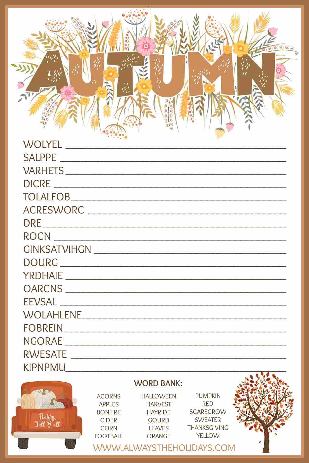 An autumn printable free word scramble with the word "autumn" illustrated at the top with flowers and fall leaves around it, with the custom word scramble beneath it, and a word bank at the bottom between a fall truck with pumpkins in it and a tree vector.