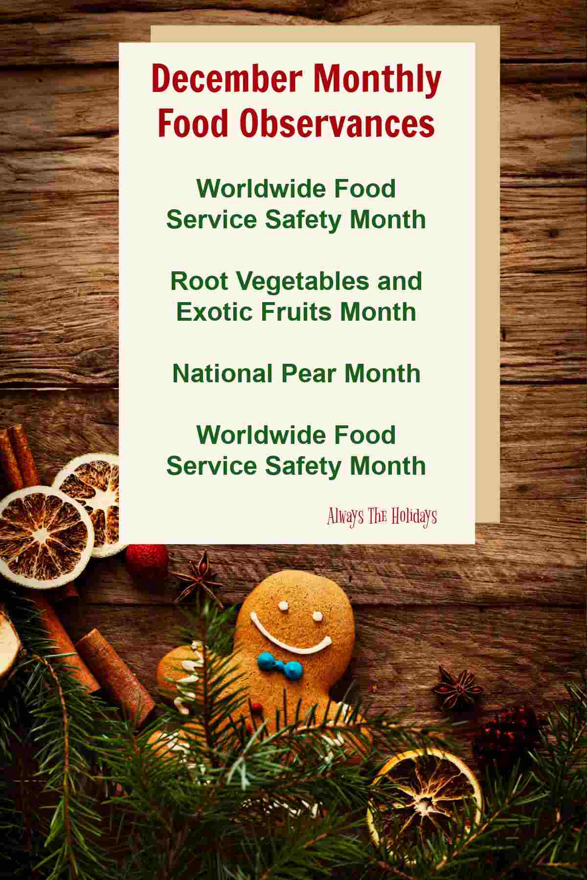 December food monthly observances Gingerbread man, orange slices and cinnamon sticks with words December Monthly Food Observances and a list of four food terms.