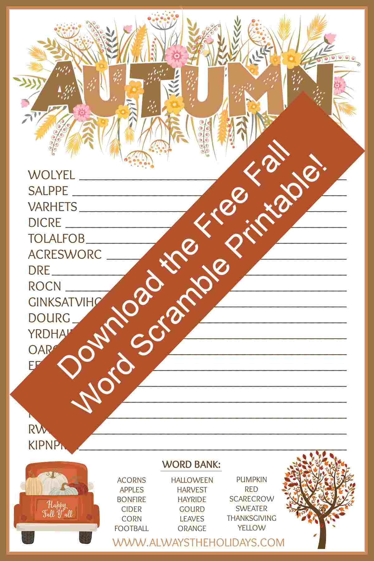 Get the Free Autumn Word Scramble Printable An orange bar that reads "download the free fall word scramble printable" over a printable word scramble with the word "autumn" at the top, and a word bank at the bottom.