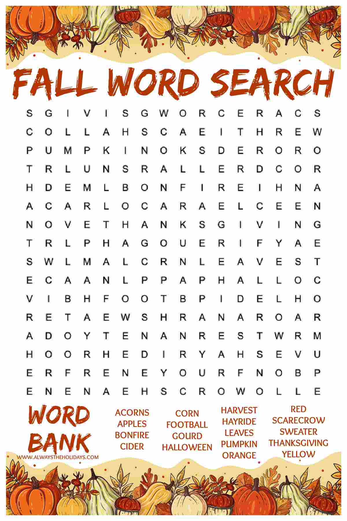 A fall word search printable puzzle in the center of the image, with a word bank at the bottom and a border of pumpkins and gourds.