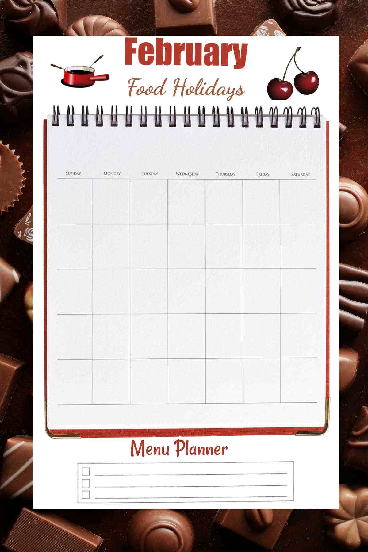 Chocolate background with February meal planner calendar overylay.
