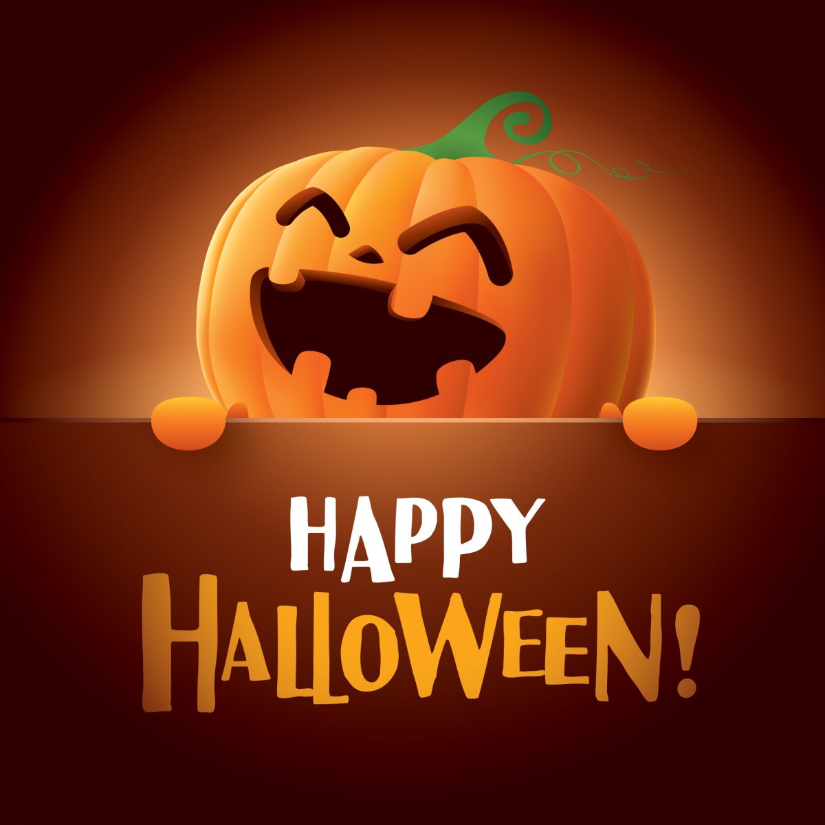 A smiling jack o lantern above the words quote Happy Halloween all on a brown background.