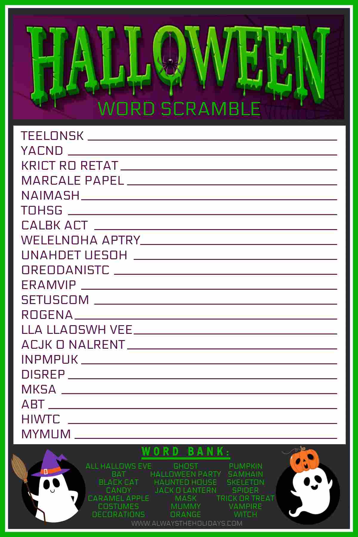 A free Halloween word scramble printable puzzle with the word "Halloween" above it in neon green, and a word bank at the bottom between two cartoon ghosts dressed in Halloween costumes.
